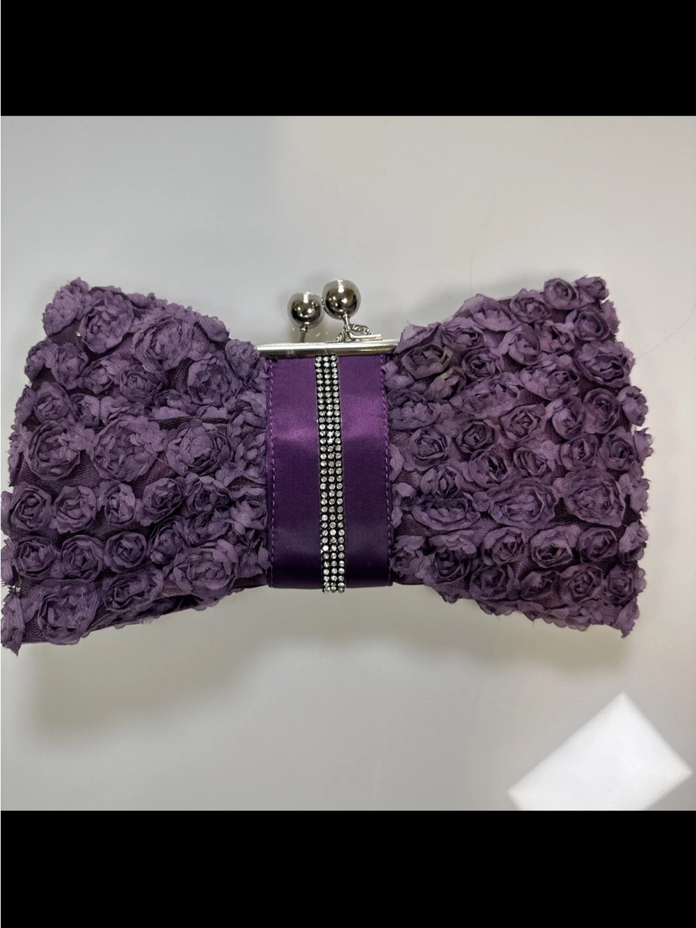 Elegant Purple Rosette Bow Clutch with Rhinestone Accent